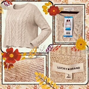 Lucky Brand Cable Knit Sweater Large Cream Scalloped Hem Cozy Fall Pullover NWT